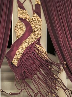 Women's Dance Costume Burgundy with Fringe And Golden Rhinestones Sz Med Vintage